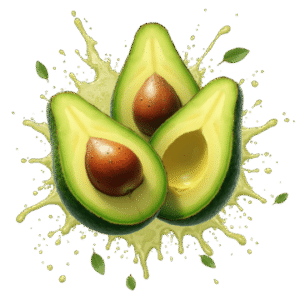 Tres aguacates abiertos en estilo animado de Guajacate, productores de Los Guájares.